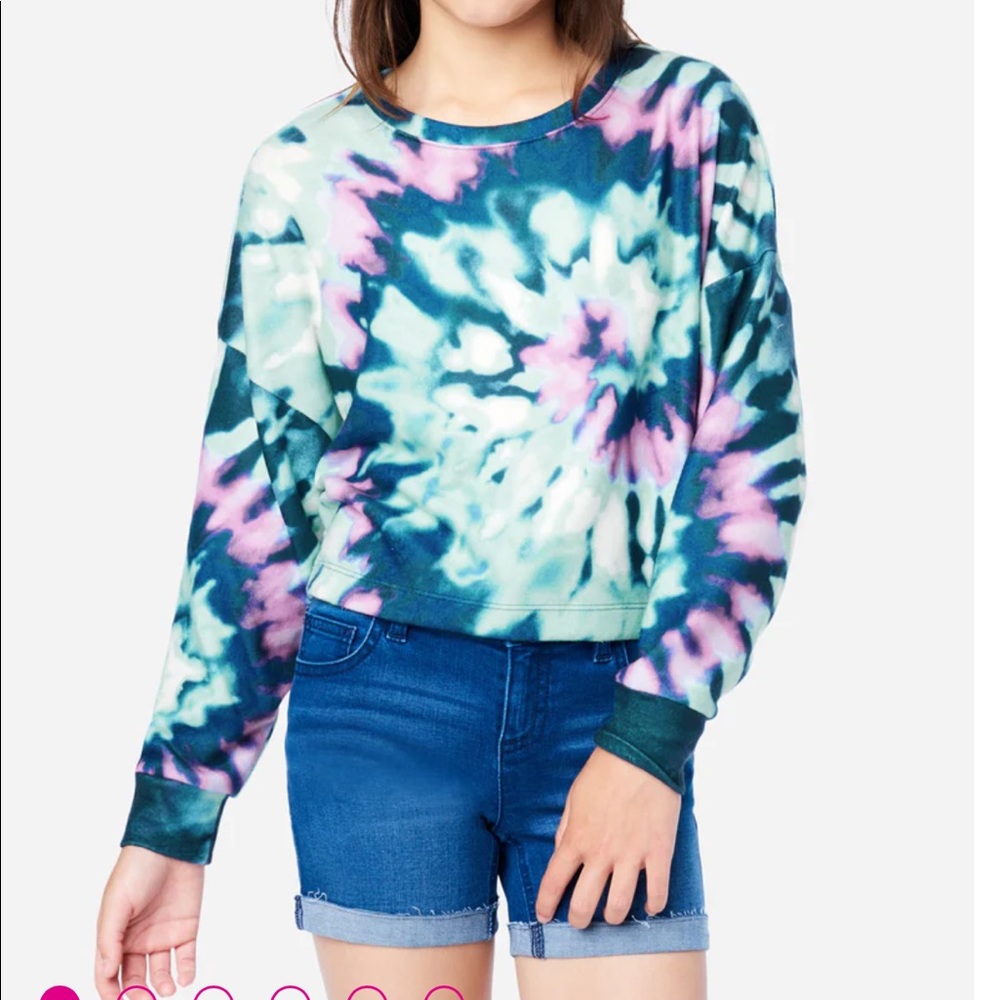 Justice Girls Lightweight Tie-Dye Hacci Cropped Pullover Lilac Teal Med 10 NWT